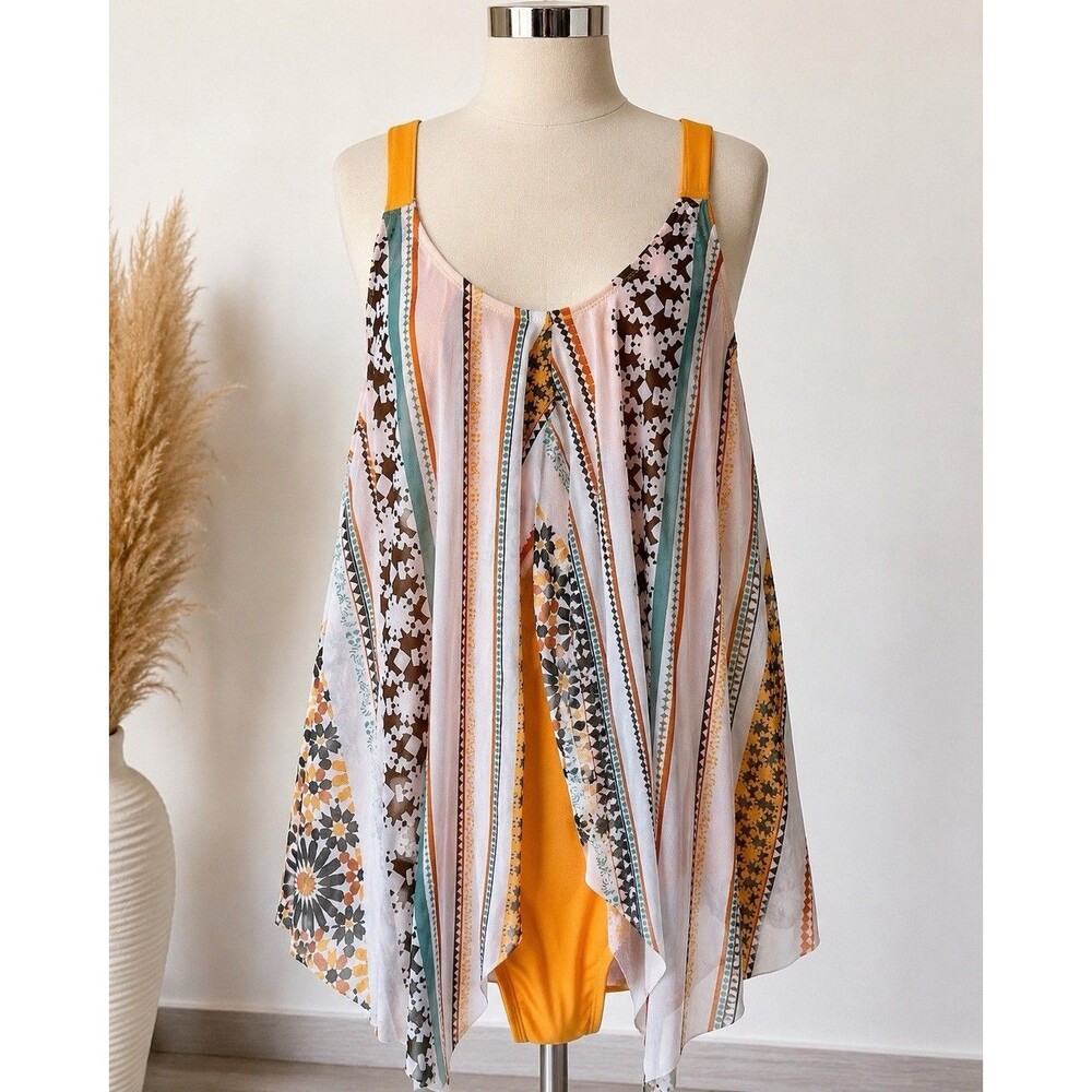 BloomChic One Piece Swimdress Women 18-20 Boho Striped Mesh Overlay Swimsuit